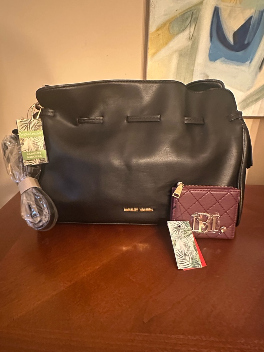 Badgley Mischka Black Crossbody Bag with Burgundy Quilted Wallet